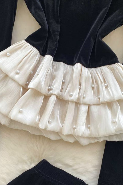 Senior Nail Drill Lotus Leaf Hem Splicing Long Sleeve Top High Waist Skirt Two Sets