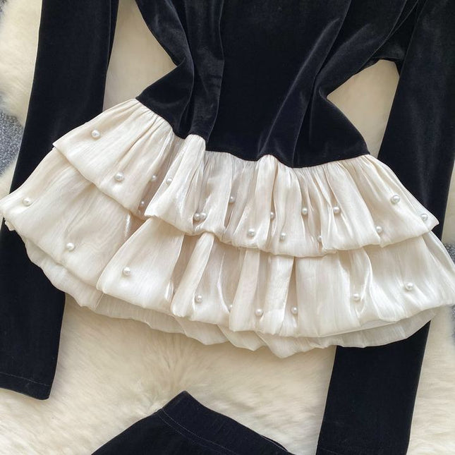 Senior Nail Drill Lotus Leaf Hem Splicing Long Sleeve Top High Waist Skirt Two Sets