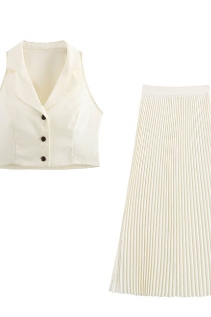 Notched Collar Single Breasted Vest Waistcoat Beige Color Long Skirt Casual Fashion Women 2 Piece Set