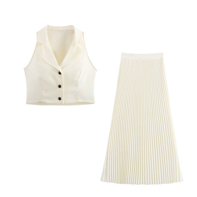 Notched Collar Single Breasted Vest Waistcoat Beige Color Long Skirt Casual Fashion Women 2 Piece Set