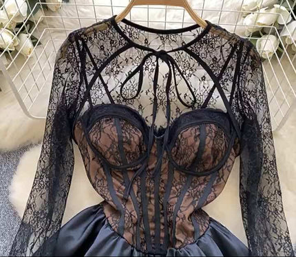 New Arrival Temperament Long Sleeve Slim Fit Sexy Lace Strap Dress for Women