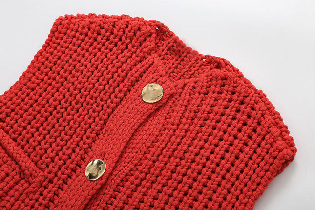 Crew Neck Red Color Buttons up Front Pockets Eyelet Casual Fashion Sweater Vest for Women