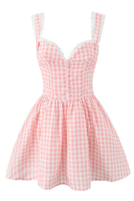 Shoulder Strap pink Color Plaid Print Zipper Fly Casual Fashion Mini slip Dress for Ladies