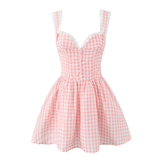 Shoulder Strap pink Color Plaid Print Zipper Fly Casual Fashion Mini slip Dress for Ladies