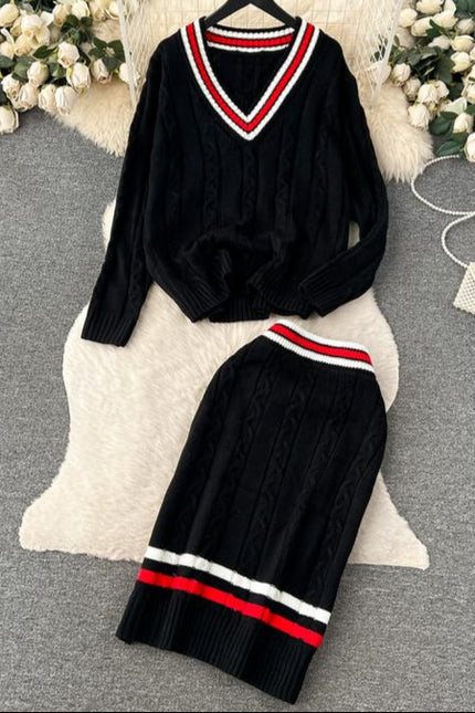 Stylish Casual Chic Style Knitted Top + High Fanny Pack Hip Twist Sweater Skirt Two-Piece Set