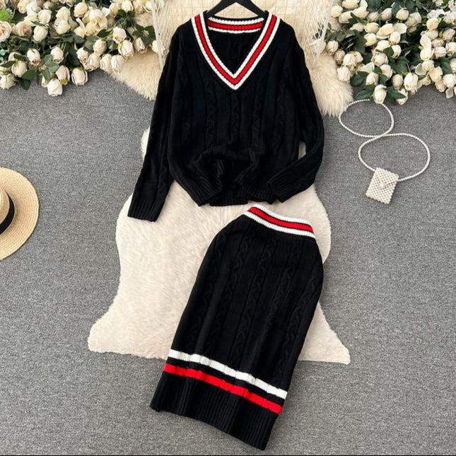 Stylish Casual Chic Style Knitted Top + High Fanny Pack Hip Twist Sweater Skirt Two-Piece Set