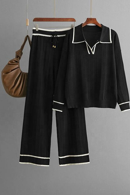 Women Two Piece Set Fashion Casual Loose Suit Polo Neck Tops+high Waist Pant Set