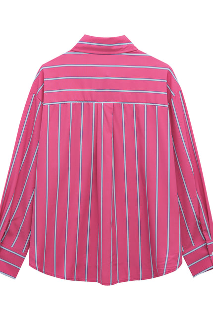 Striped Print pink Color Long Sleeve Turn Down Collar Buttons up Casual Fashion Tops Blouse for Women