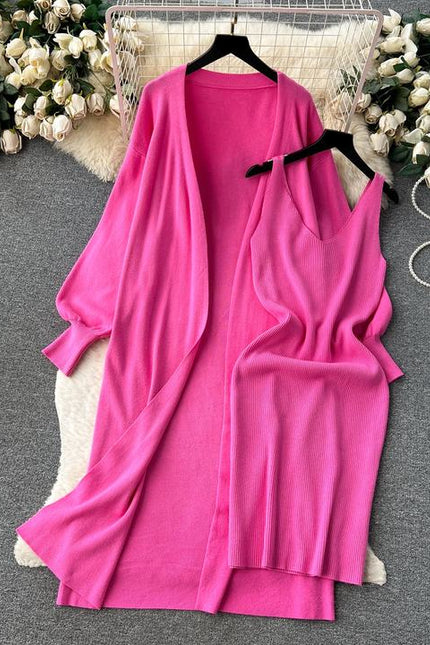 Yüksek dereceli düz renk örme moda seti kadın sonbahar v yaka Halters elbise gevşek ince uzun kollu üst