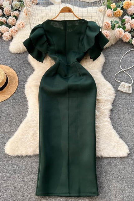 Summer New Crew Neck Ruffled Short Sleeve Package Hip Split Evening Dress Dresses