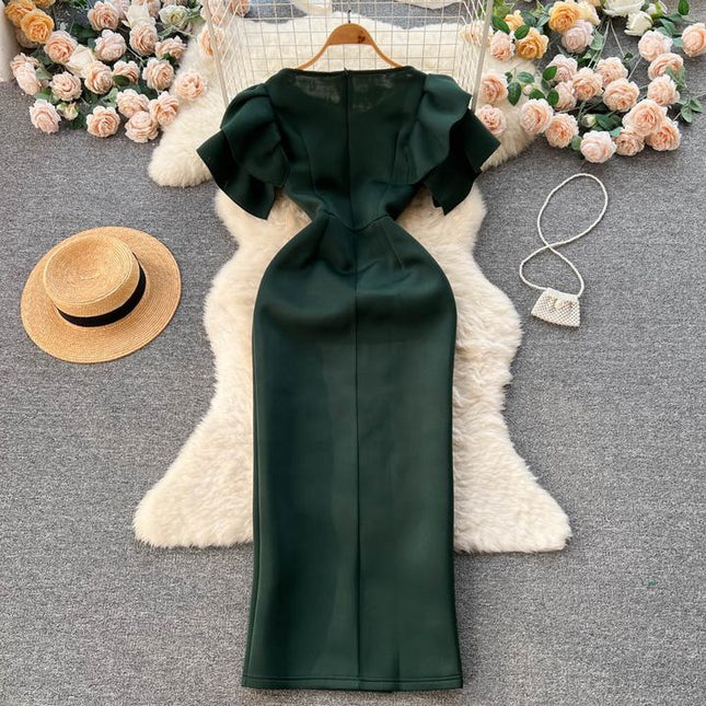Summer New Crew Neck Ruffled Short Sleeve Package Hip Split Evening Dress Dresses