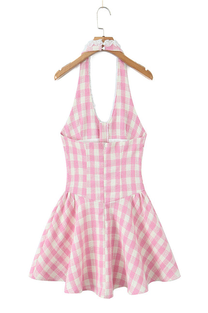 Back Hollow Out pink Color Plaid Print Hot Sale Casual Fashion Summer Mini Halter Dress for Women