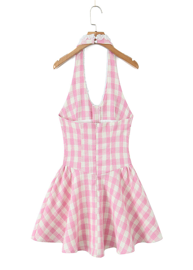 Back Hollow Out pink Color Plaid Print Hot Sale Casual Fashion Summer Mini Halter Dress for Women