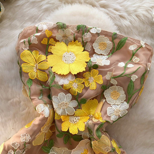 Summer New Bustier Evening Dress Women Waisted Ruffled Sleeveless Waist Cinching Slimming Flower Embroidery Sexy Dresses