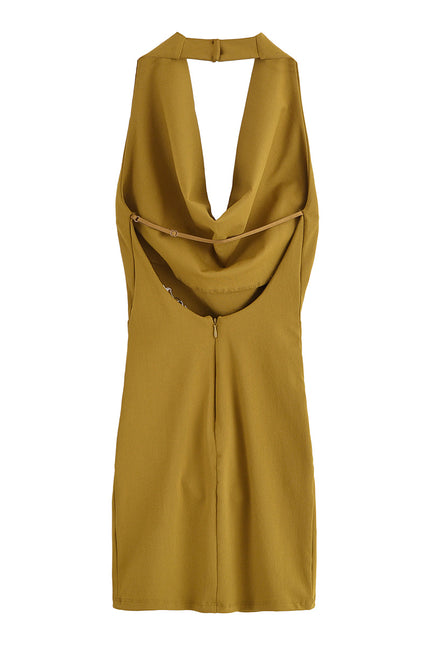 Back Hollow Out Sleeveless Khaki Color Casual Fashion Summer Mini Halter Dress for Women