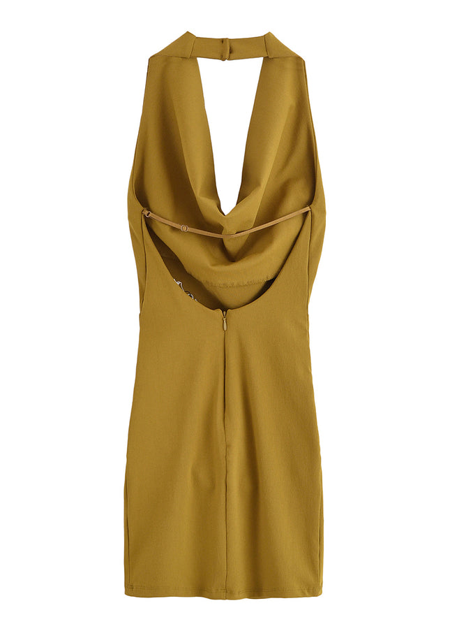 Back Hollow Out Sleeveless Khaki Color Casual Fashion Summer Mini Halter Dress for Women
