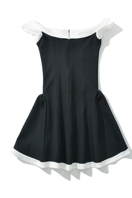 Slash Neck Black Color Zipper Fly Short Sleeve Casual Fashion Summer Mini Dress for Women