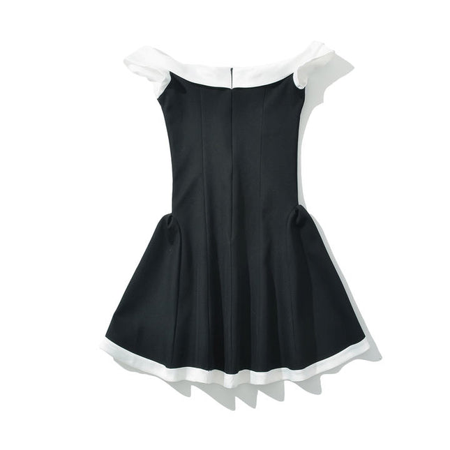 Slash Neck Black Color Zipper Fly Short Sleeve Casual Fashion Summer Mini Dress for Women