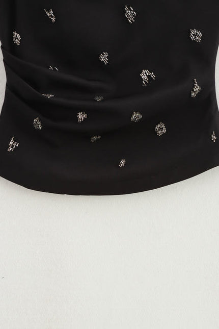 Black Color Asymmetrical Design Beading Sleeveless Casual Fashion tank Top for Women