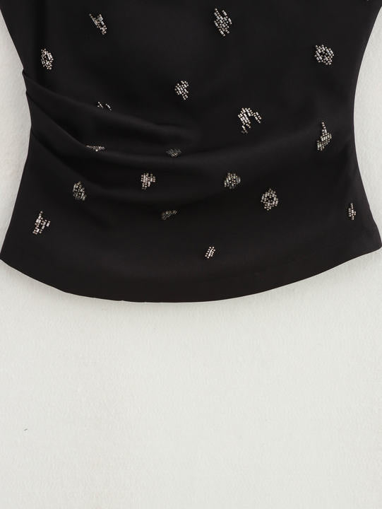 Black Color Asymmetrical Design Beading Sleeveless Casual Fashion tank Top for Women