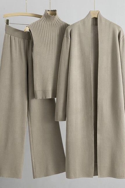 Autumn New Elegant Simple Knitted Set Sleeveless Tank Top+long Sweater Cardigan Pants Three Piece Sets