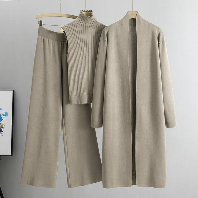 Autumn New Elegant Simple Knitted Set Sleeveless Tank Top+long Sweater Cardigan Pants Three Piece Sets