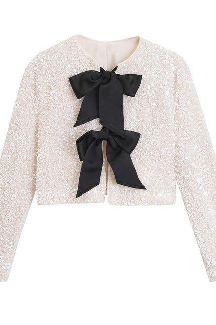 2 Colorway Solid Color Front Bow Tie Crew Neck Long Sleeve Sequin Casual Fashion Women's Jacket