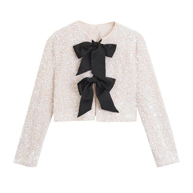 2 Colorway Solid Color Front Bow Tie Crew Neck Long Sleeve Sequin Casual Fashion Women's Jacket
