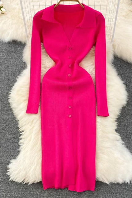 Spring and Autumn V-neck Women's Long Sleeve Knit Split Tight Dresses