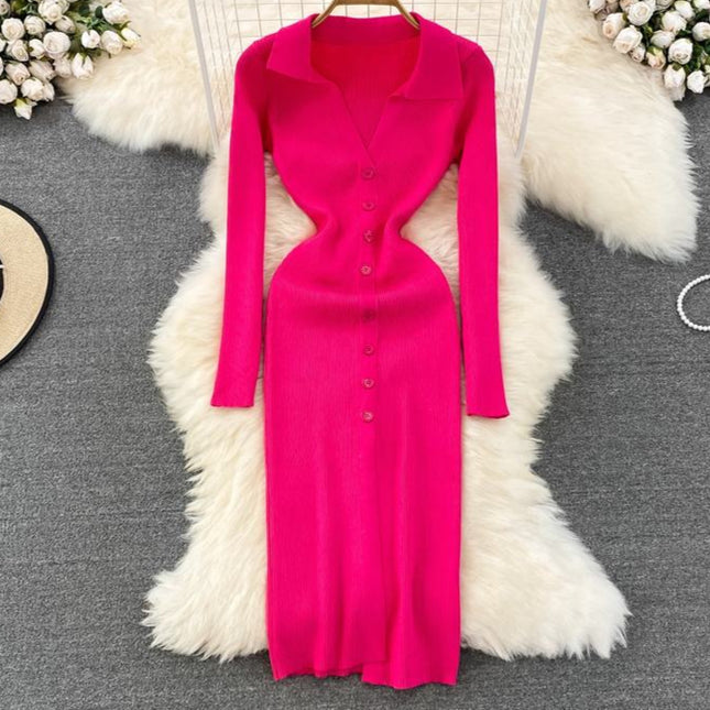 Spring and Autumn V-neck Women's Long Sleeve Knit Split Tight Dresses