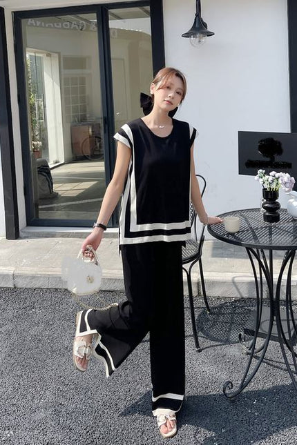 2024 New Fashion Simple Splicing Loose Shawl Sleeves Sweater Top High Waist Slimming Wide Leg Pants Two Piece Set