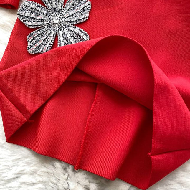 2 Piece Set Long Sleeve Luxury Crystal Flowers Evening Party Mini Skirt Set