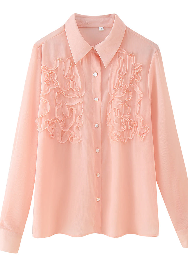 Turn Down Collar pink Color Long Sleeve Buttons up Casual Fashion Tops Blouse for Women