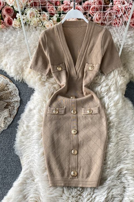 Wholesale V Neck Short Sleeved Knit Jersey Bodycon Dress Women Slim Casual Summer Dresses Vestido