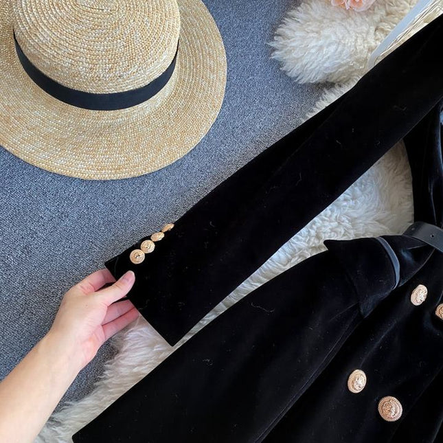 High Quality Fall Winter Black Elegant Women Double Breasted Velvet Long Blazer Dress for Ladies