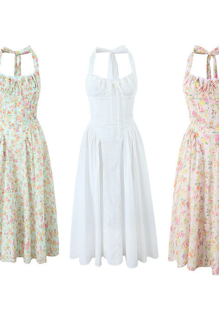 3 Colorway Back Hollow Out Sleeveless Front Lace up Casual Fashion Cotton Long Summer Dress for Women
