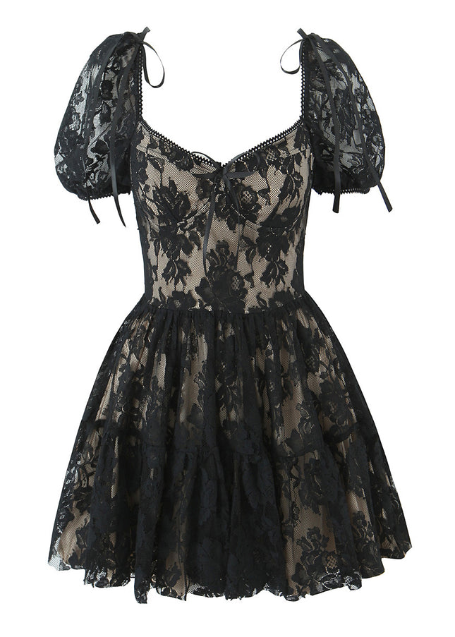 2 Colorway square Collar Short Sleeve Floral Lace Solid Color Casual Fashion Summer Mini Dress for Women