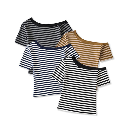 4 Colorway Asymmetrical Design Short Sleeve Striped Print Casual Fashion Summer Women t Shirt