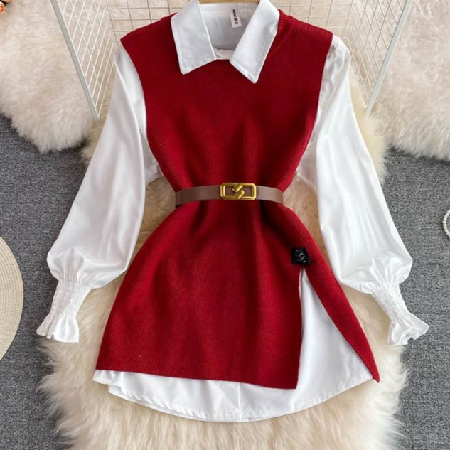 Spring Fall New Shirt Tops Female Design Sense Slit Knit Undershirt Blouse Two Piece