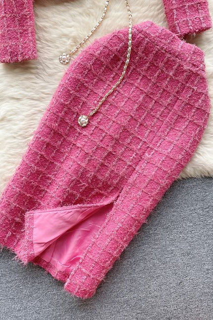 New Women's Winter Luxury Suit Long Sleeve Cardigan Coat Split Mid Length Skirt Female Two Pieces Skirt Set