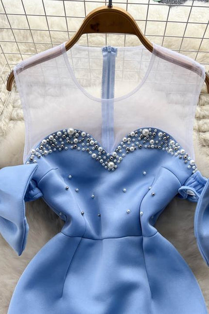 Women's Beads Bow Waist-tight First Love Sheath Fishtail Fairy Dress Female High Street Blue Dress