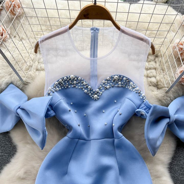 Women's Beads Bow Waist-tight First Love Sheath Fishtail Fairy Dress Female High Street Blue Dress