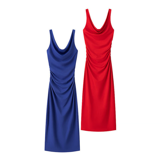 2 Colorway Solid Color Shoulder Strap Pleated Casual Fashion Long slip Dress for Women