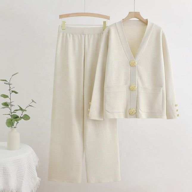 Wholesale Fall and Winter New V-Neck Single Row Button Cardigan Top Wide Leg Pants Knitted Two-Piece Set