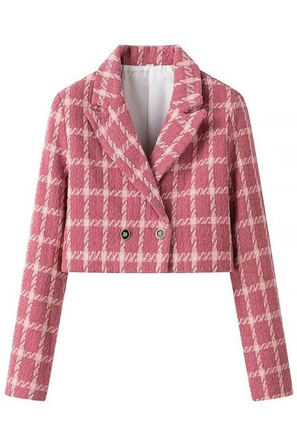 2 Colorway Double Breasted Long Sleeve Notched Collar Plaid Print Casual Fashion Crop blazer for Women