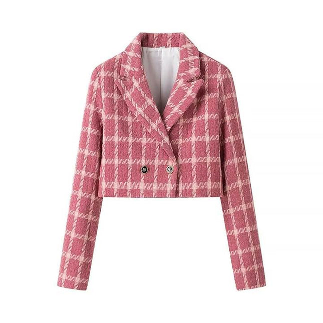 2 Colorway Double Breasted Long Sleeve Notched Collar Plaid Print Casual Fashion Crop blazer for Women