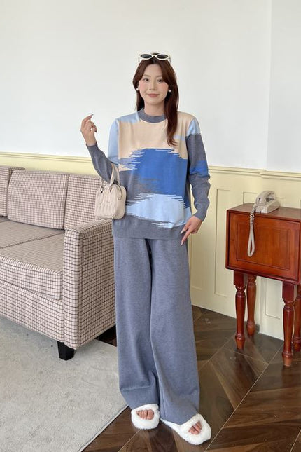 Round Neck Contrasting Color Autumn and Winter New Casual Loose Slimming Wide Leg Pants Knitted Two-piece Set for Women