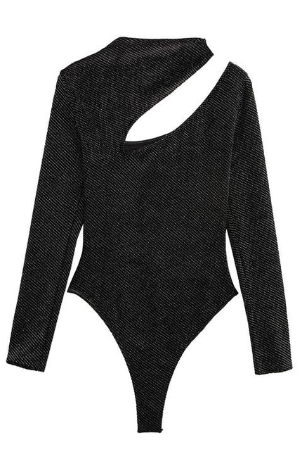 Front Hollow Out Black Color Long Sleeve Crew Neck Casual Fashion Elegant One Piece Jumpsuit for Women