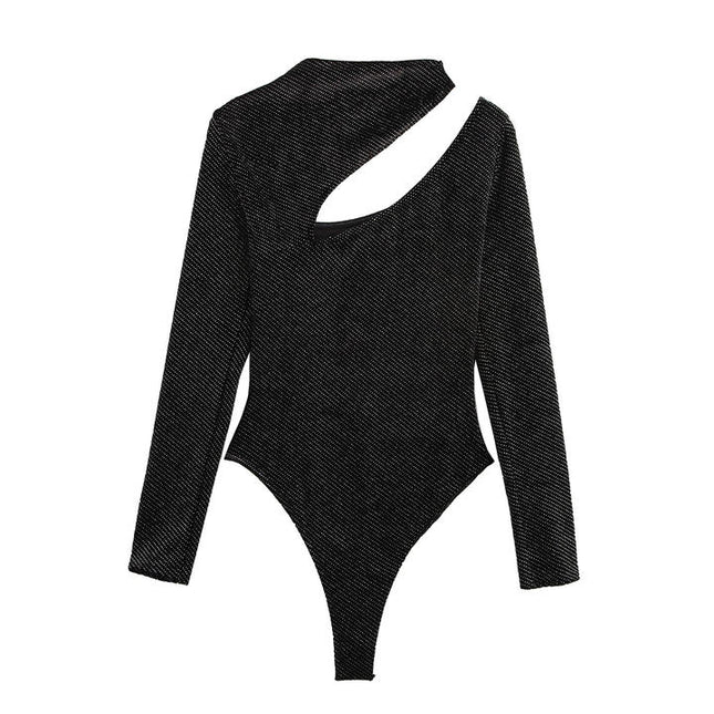 Front Hollow Out Black Color Long Sleeve Crew Neck Casual Fashion Elegant One Piece Jumpsuit for Women