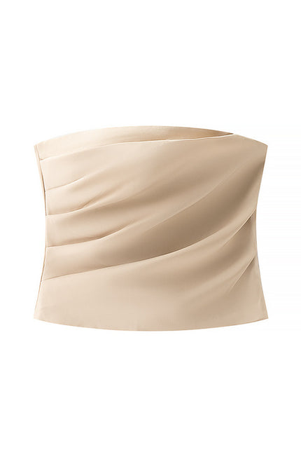 Pleated Strapless Crop tank Top Beige Color Zipper Fly Long Pants Casual Fashion Women 2 Piece Set